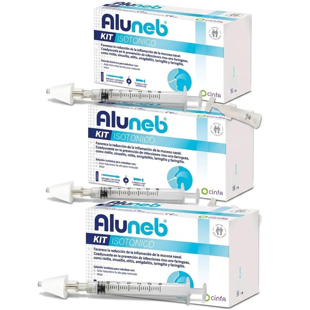 Aluneb Kit Isotónico Pack de 3 | 3×(15 viales 4 ml + dispositivo) | Total 45 viales + 3 dispositivos | Ácido hialurónico y xilitol | Nebulización nasal