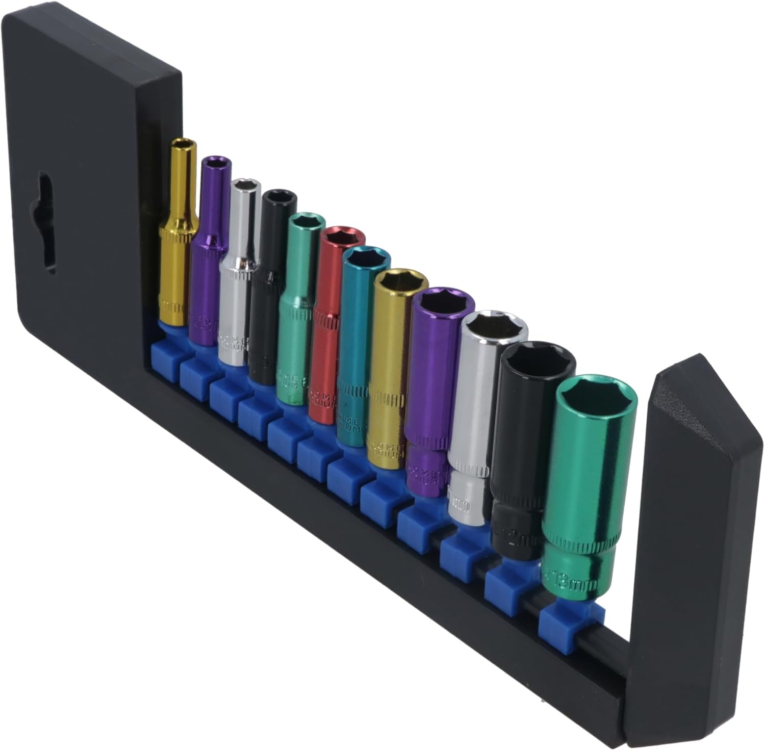 12pc Coloured 1/4" Dr Deep Sockets 6 Point Hex Metric 4-13mm With Rail