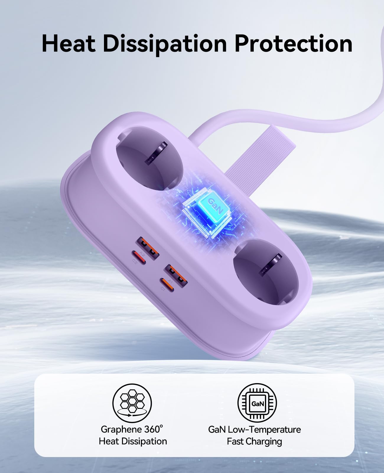 ORICO GaN listwa zasilająca 65 W z USB C, 6 w 1, listwa zasilająca do szybkiego ładowania z 4 USB, przedłużacz o długości 1,6 m, do MacBooka, iPada, telefonu komórkowego, podróży – AP3, fioletowy