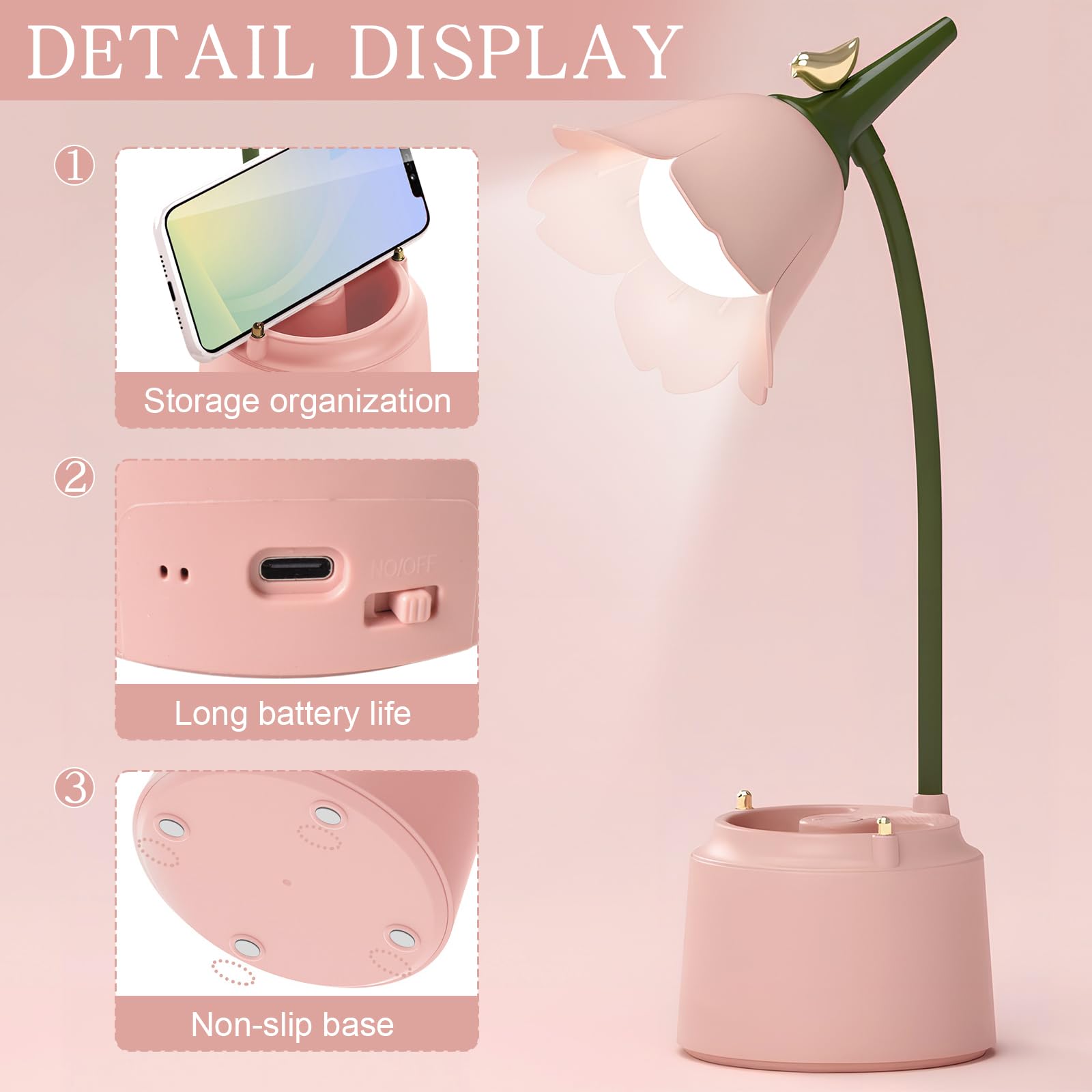 Lampe de Table D'étude Rechargeable Protection des Yeux, Tactile Lampe de Bureau à LED Portable avec Porte-stylo pour Enfants, Lampe de Chevet LED, Lampe de Lecture Dimmable,3 Modes de Couleur (Rose)
