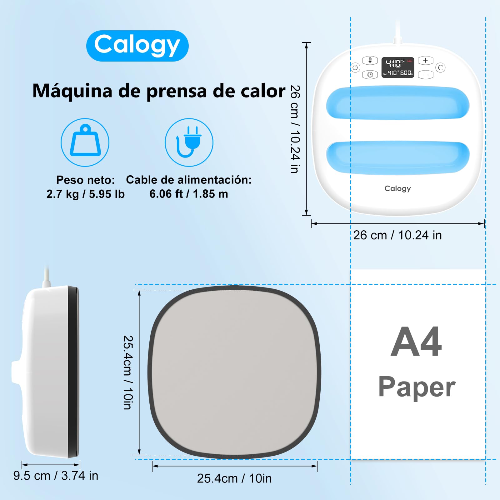 Calogy Impresora para Camisetas 25,4x25,4cm(10*10"), Prensa de Calor Portátil, Plancha Termica Calentamiento Rápido Bolso, Almohada, Sombrero, Vinilo HTV Proyecto Transferencia de Calor (Blanco Azul)