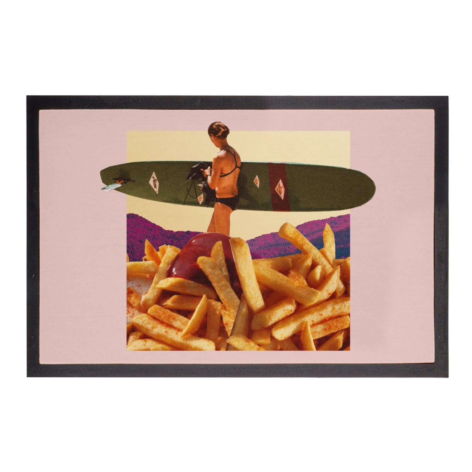 Paillasson rose surf et frites vintage pour accueillir vos invités avec humour 75x50cm