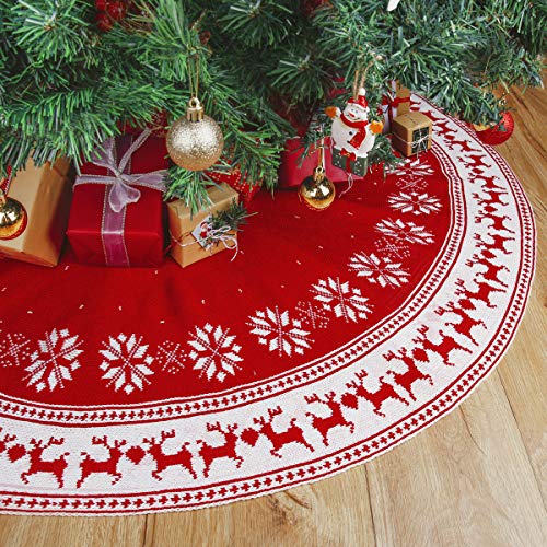 FUNSEED Christmas Tree Skirt, 48 Inches Large Thick Knitted Red Reindeer and White Snowflakes Pattern Knit Xmas Tree Mat for Holiday Family Home Decoration