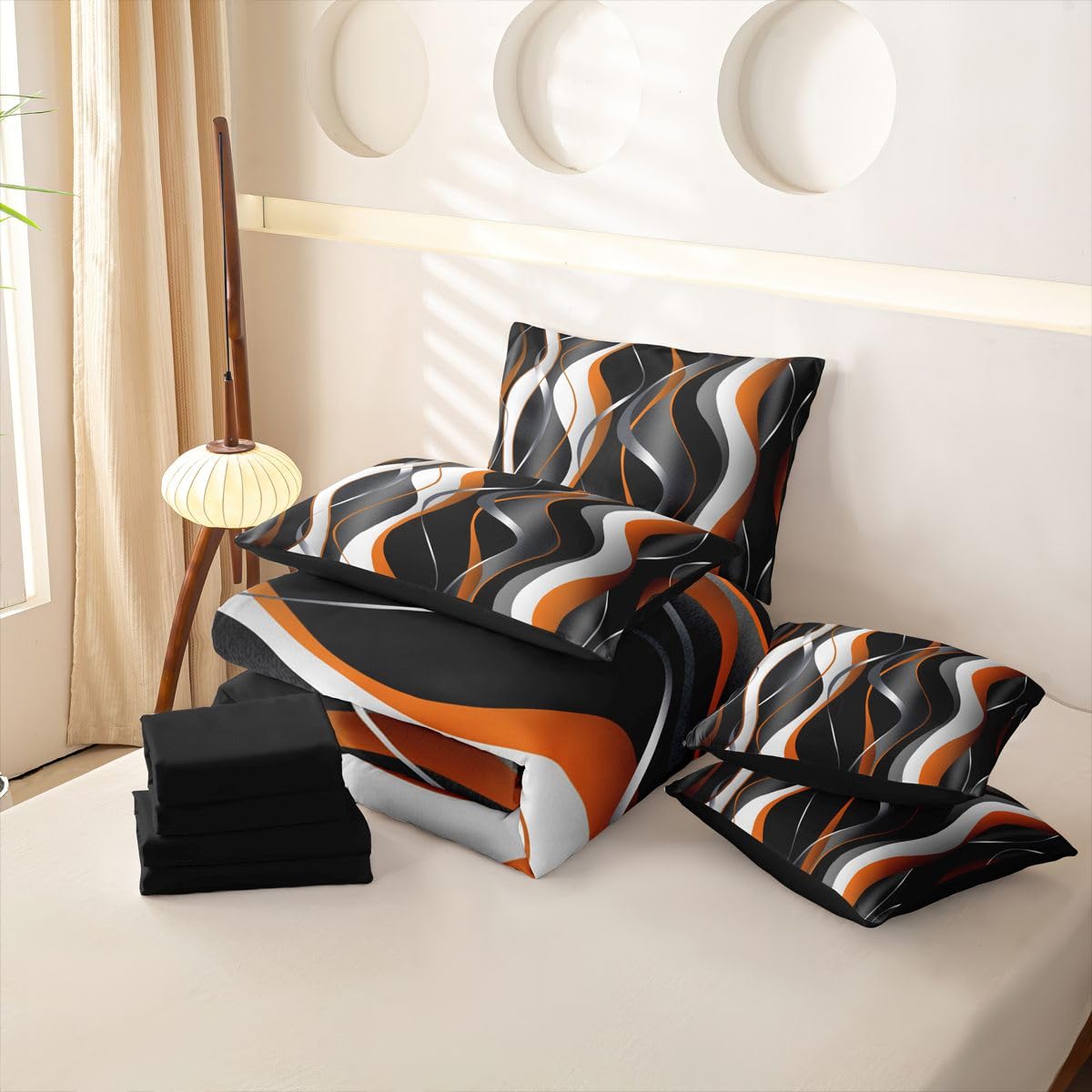 Loussiesd Juego de funda de edredón de 7 piezas, diseño geométrico en espiral, color naranja, gris y negro, juego de ropa de cama con funda de edredón, sábanas, fundas de almohada y fundas de cojín