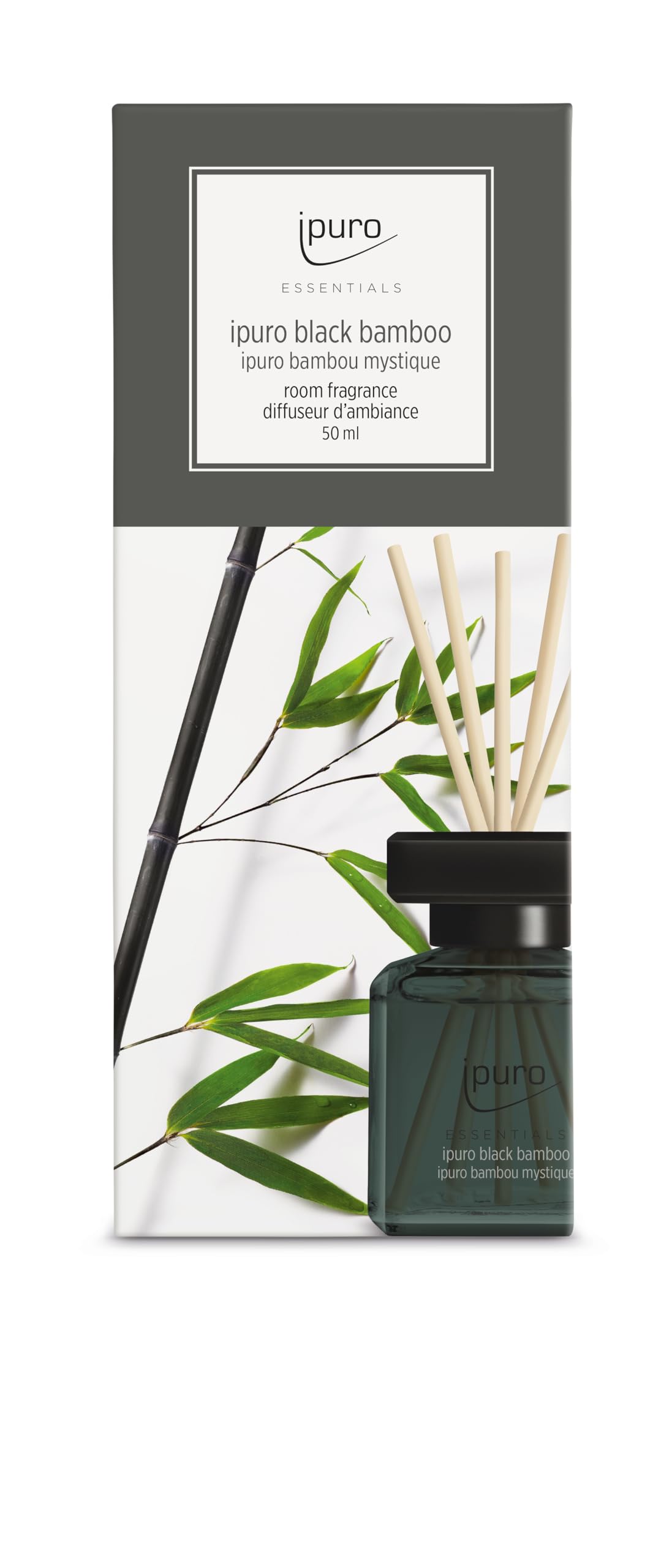 ipuro - Essentials Raumduft Black Bamboo 50ml | Raumerfrischer mit Jasmin, Zitrone, Apfel, & Holzige Amber-Moschus Note Duft Aroma | Diffuser mit Stäbchen | Lufterfrischer für die Wohnung