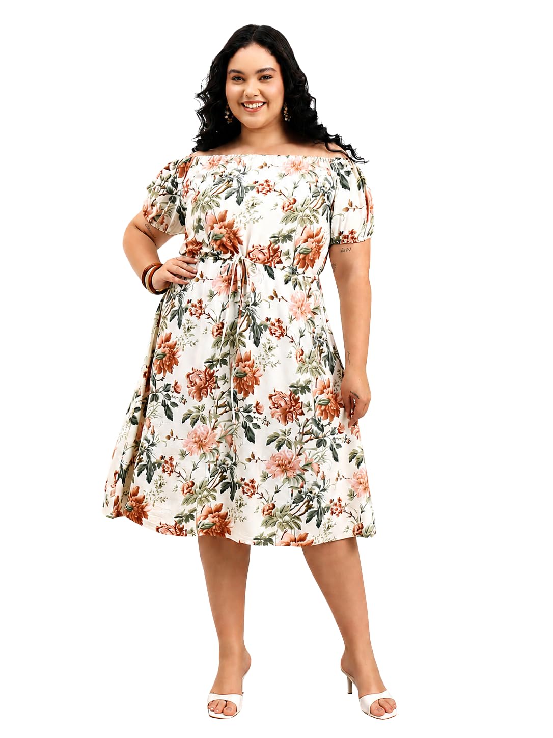 wild u Women Plus Size Off Shoulder Midi Dress | Viscose Rayon | Pocket | Drawstring Waist | Stylish (Off White, 3XL-8XL)-picture-19