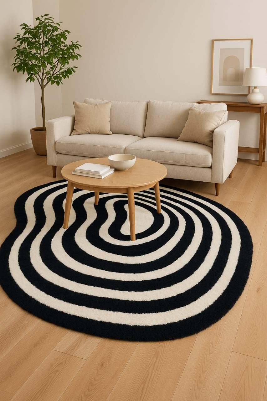 Modern Geometric Black and White Round Area Rug, Contemporary Swirl Pattern, Plush Texture, Indoor Living Room Decor with Non-Slip Backing Size 4x6 feet Pack of 1-image-7