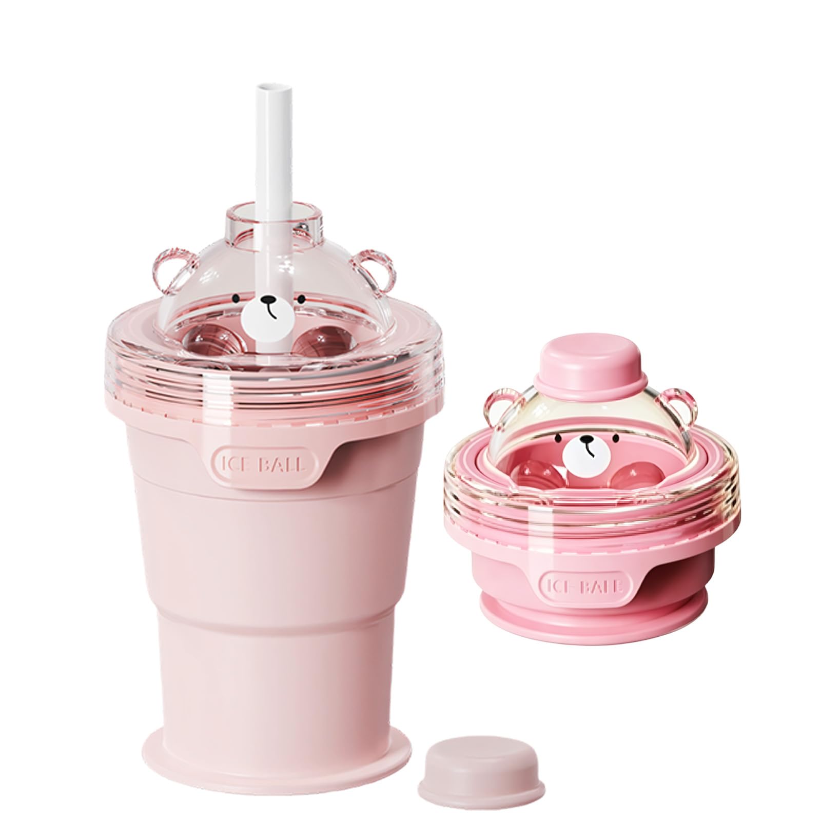 PURPLELILY Foldable Silicone Ice Ball Tray Travel Cup Multipurpose with Leak Proof Lid Cover and Straw for Drink Travelling Collapsing Travel Cup with Straw