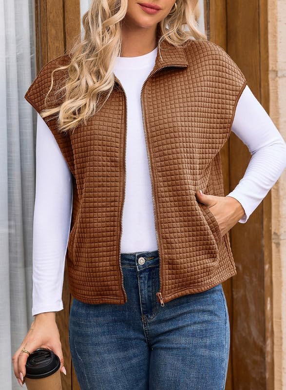 Dokotoo Womens Vest Tops 2026 Zipper Up Cap Sleeve Side Pockets Waffle Knit Sleeveless Oversized Vests - Image 3