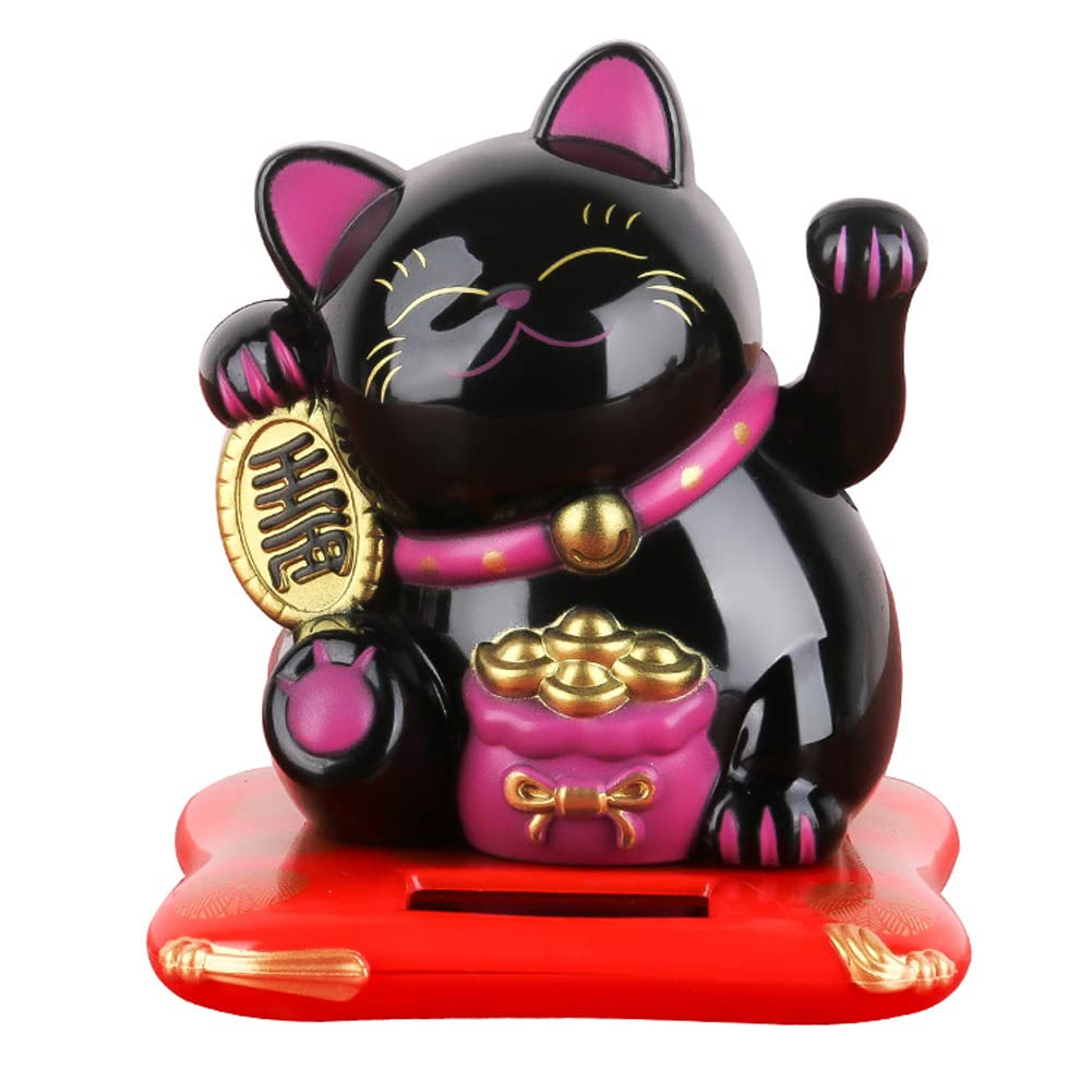 ikasusCar Cat Statue Shaking Hand Fortune Cat Car Dashboard Ornament Solar Energy Shaking Cat Figurine Cartoon Resin Kitten Decoration Tabletop Office Home Ornaments Creative Lucky Gifts Black