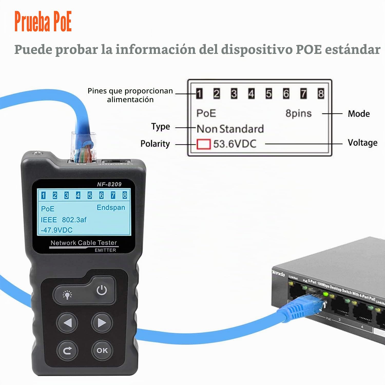 4 en 1 Network Cable Tracker PoE Tester con NCV y lámpara para CAT5e/CAT6/CAT6a, detecta voltaje PoE, estándares PSE, mide la distancia de falla del cable mediante la función TDR NF-8209