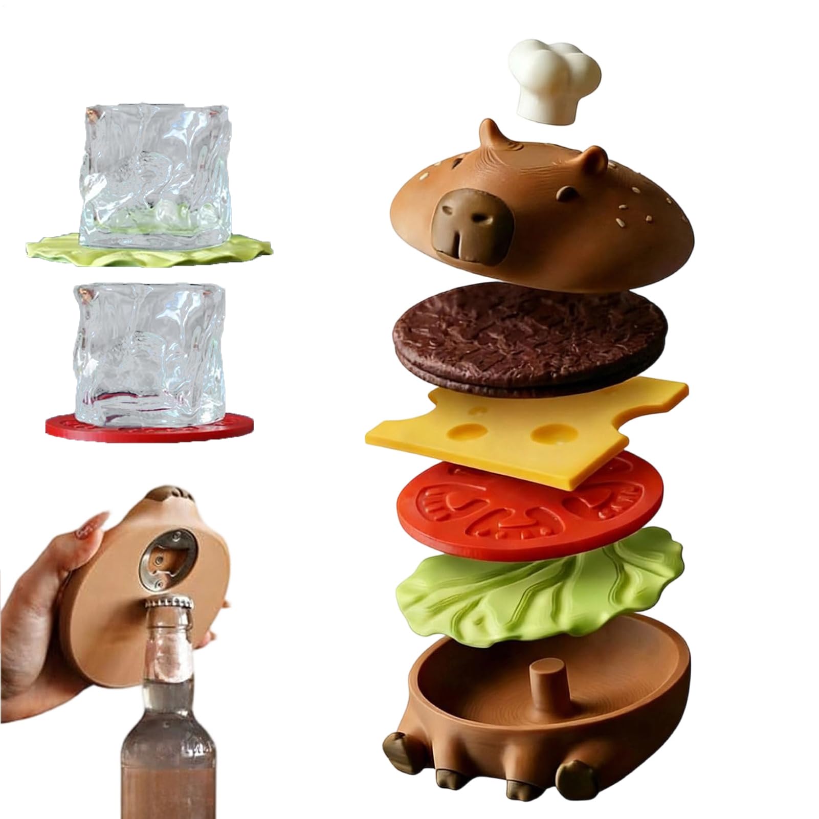Capybara Burger Coaster Set, Cute Capybara Hamburger Design Mat Magnetic Stackable, For Living Room Home Office Kitchen Bar Apartment
