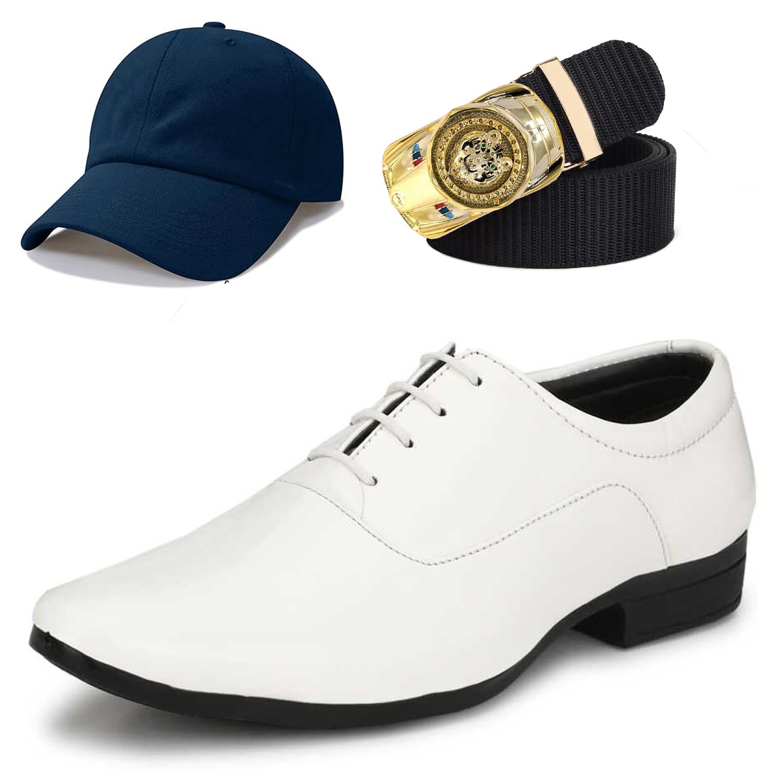 Formal Shoes with Free Base Ball Cap & Free Belt Combo for Men & Boys White-image-39
