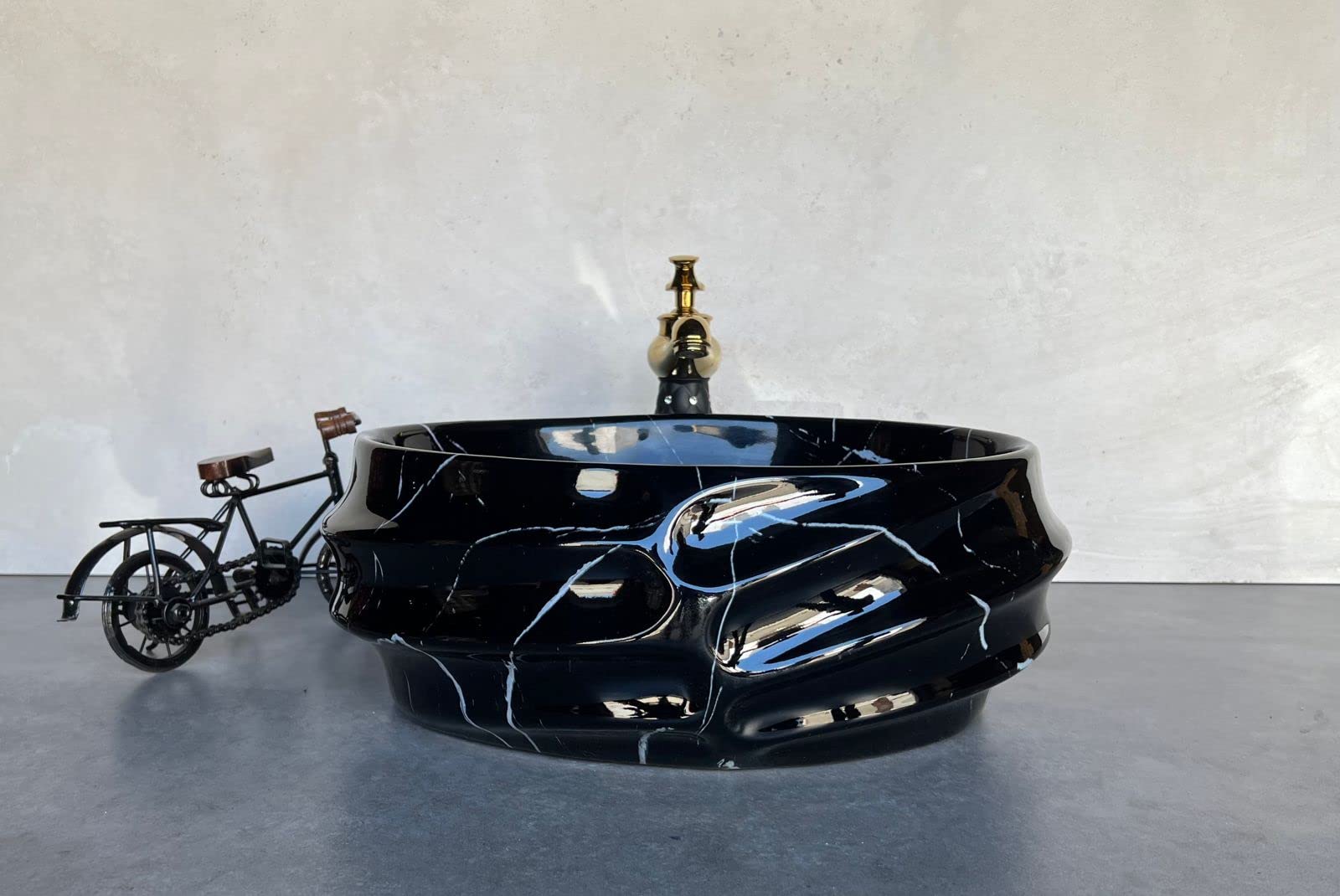 NEXIS Designer Glossy Finish Ceramic Art Wash Basin Vessel Sink Table Top | Collapsible Wash Basin (Black White Glossy Art Wash Basin, 16 x 13 x 6 Inch)