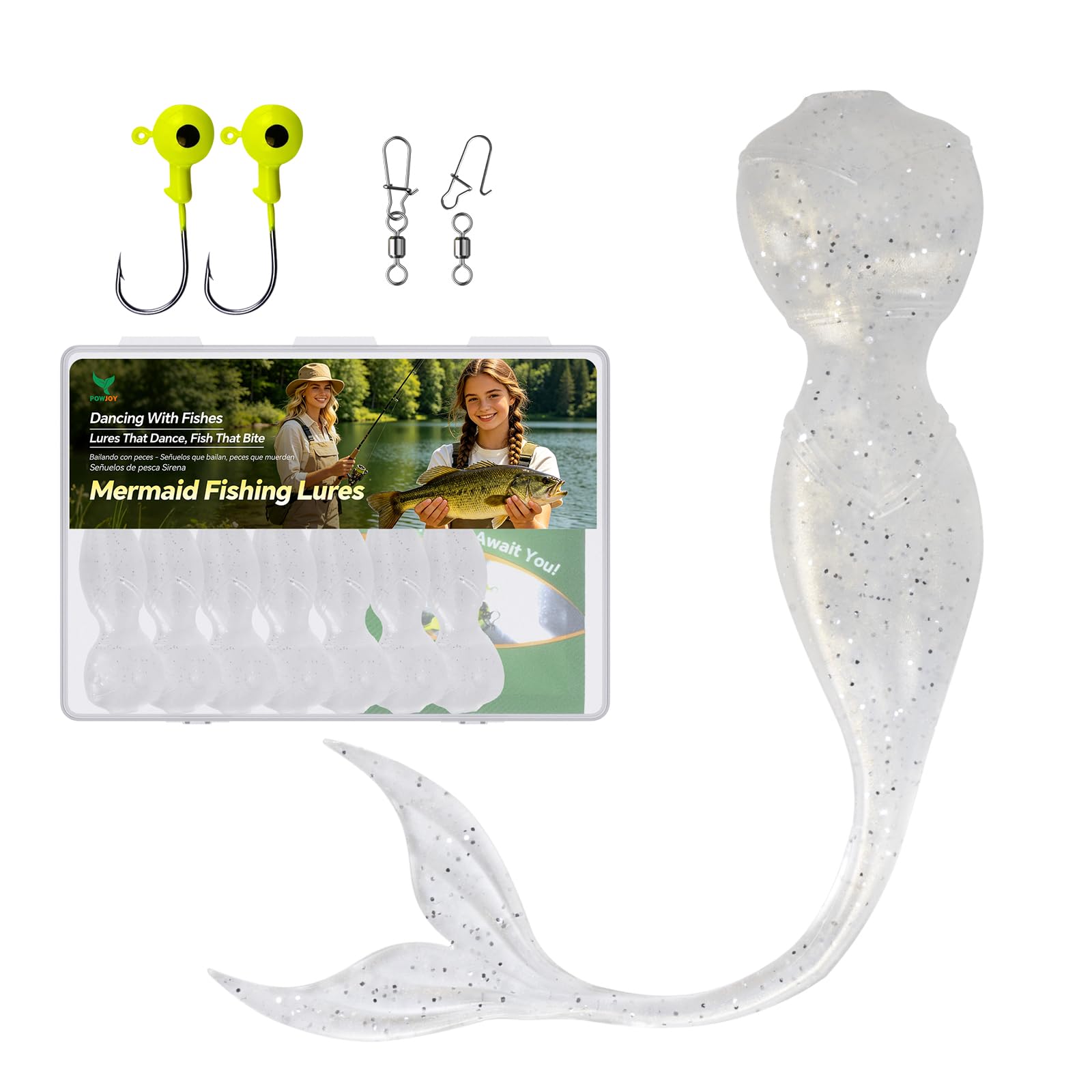 5.2" Large Mermaid Fishing Lures Kit, Soft Plastic Baits with Jig Heads & Swivels with ansp, Ultra-Thin Tail Realistic Bionic Fishing Baits with Glitter for Bass Trout Musky in Freshwater Saltwater