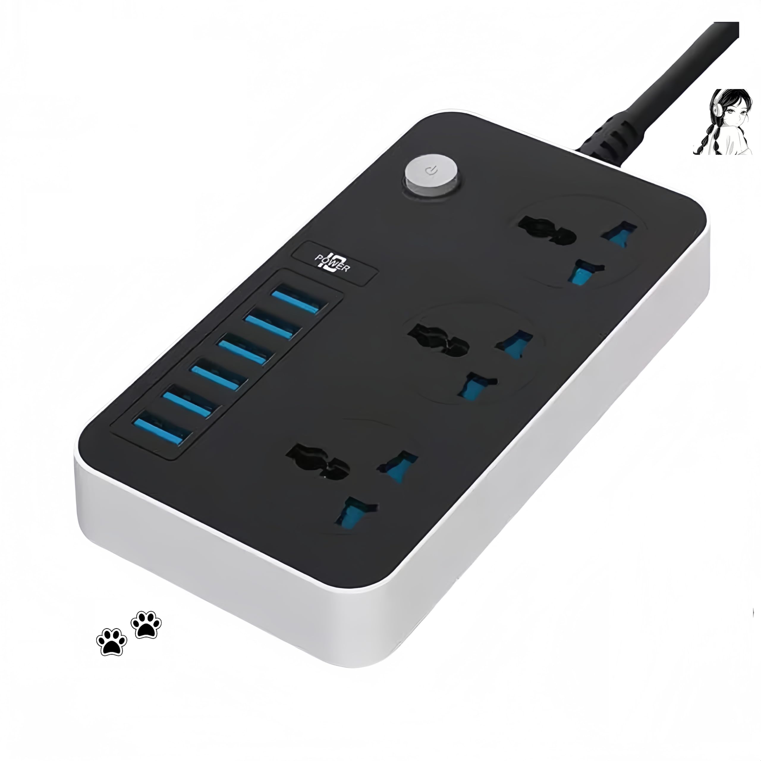 123456MEI JIA Universal Power Strips 3 Way Outlets 6 (3.1A) USB Ports, Surge Protection Socket Switch Portable Charger 2 Meters Wall Adapter Cord, Fuse & Power Extension Lead (Black+White)