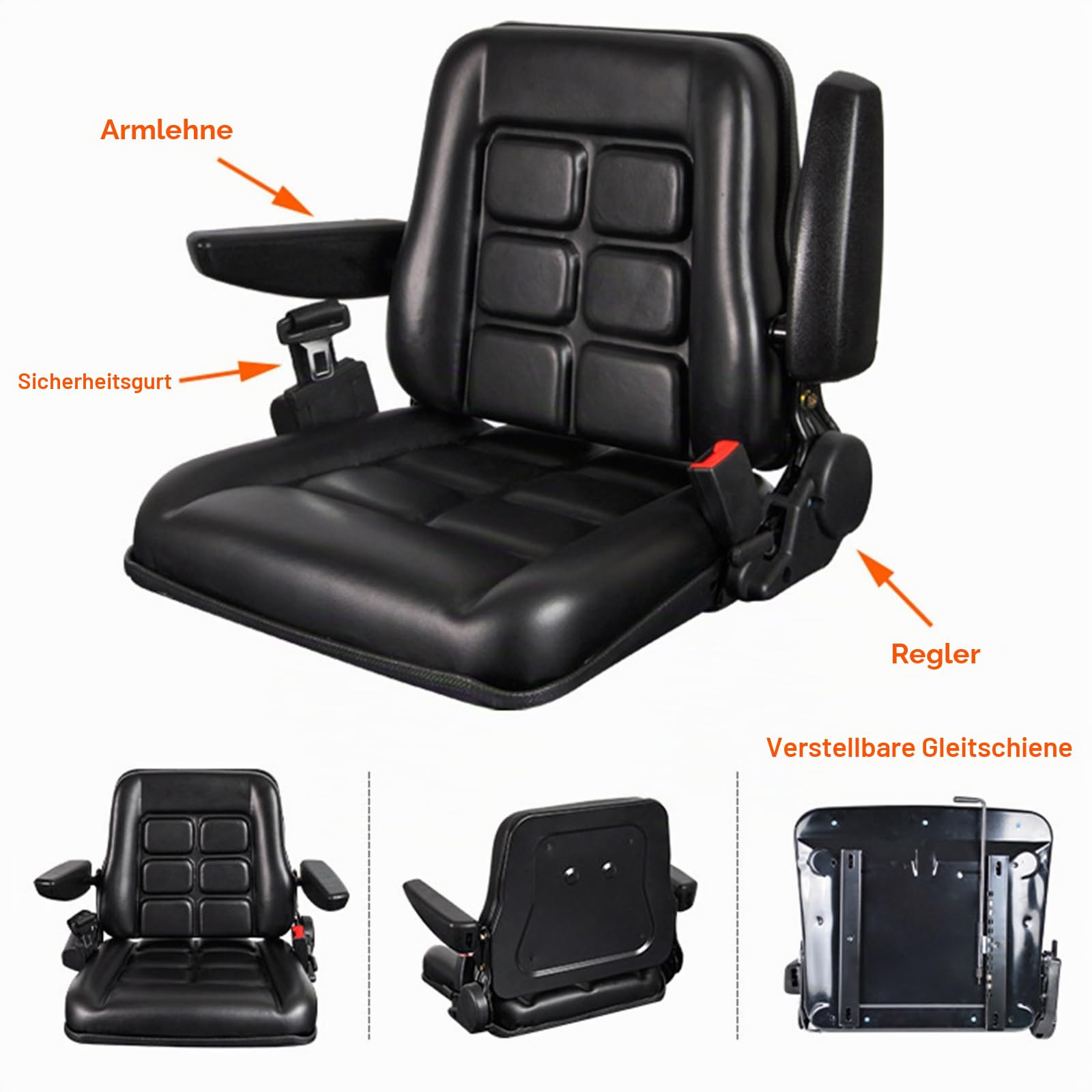 Universal verstellbarer Gabelstaplersitz mit Sicherheitsgurt, Arm- und Rückenlehne, wasserdichter PVC-Sitz für Traktor Bagger
