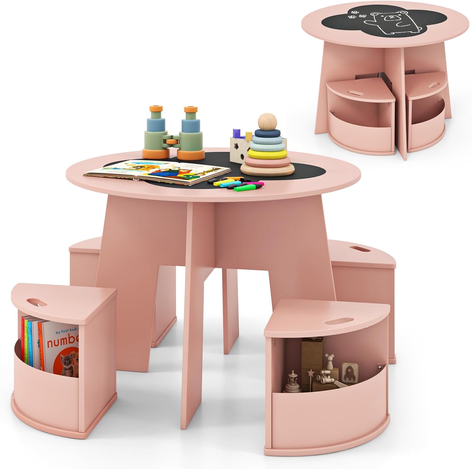 INFANS Toddler Table and Chair Set with 4 Storage Stools, Wooden Flower Shaped Nesting Table with Blackboard Drawers, Children Multi-Activity Table for Art Crafts Draw Read Boys Girls 3+