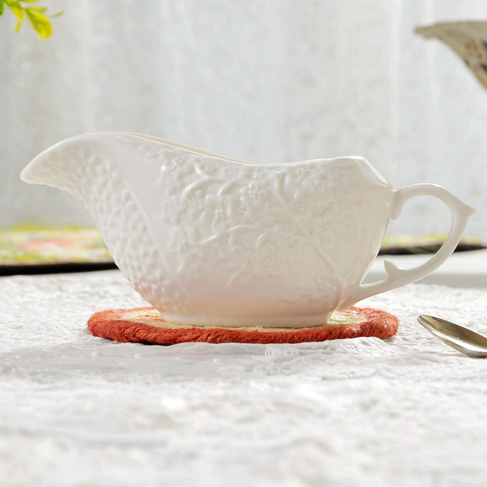 Cuencos Salsa Soja Ovalados Relieve CláSico Uvas Blanco Marfil Vertedor Elegante Para Salsas Sirope Mesa Banquete-2pc