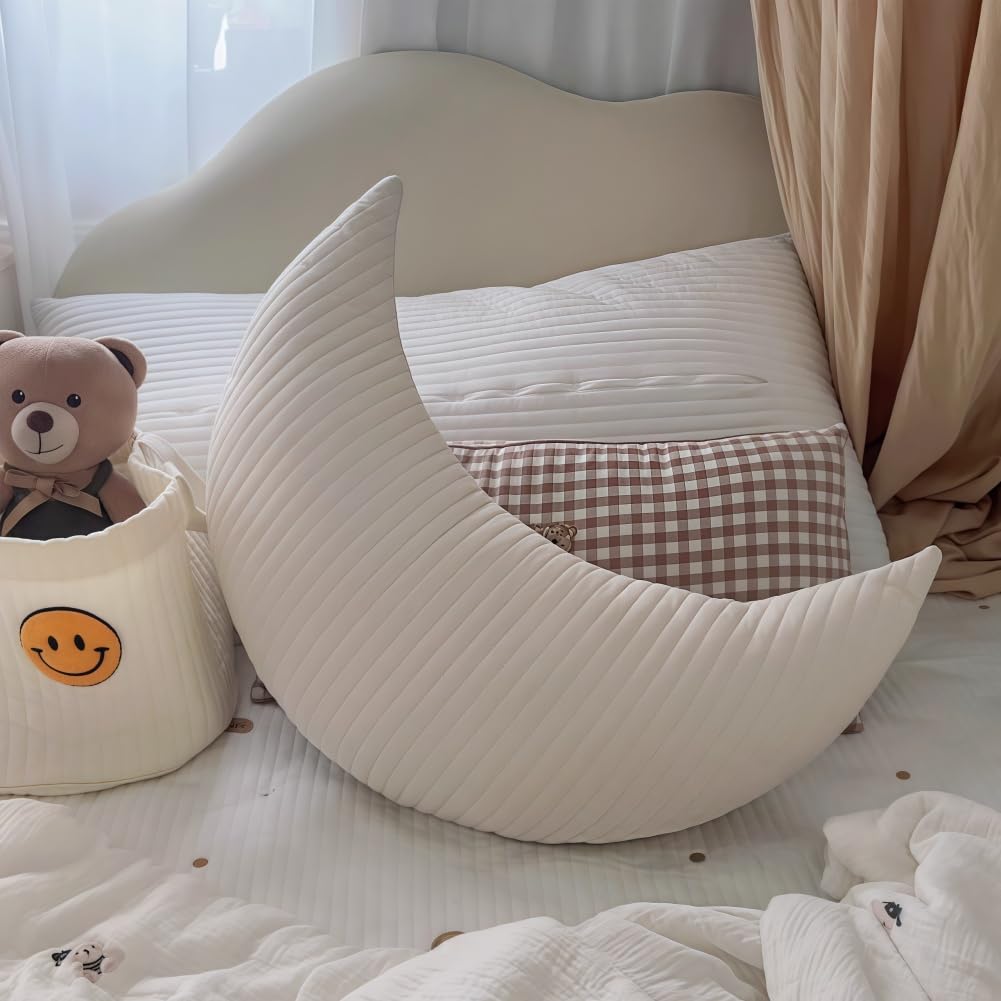 WLLYXUS Baby Moon Pillow for Sleeping, Cute Moon Shaped Cotton Pillow for Newborns, Nursing Pillow for Boys Girls, Comfortable Toddler Pillow for Bed Couch (Beige)