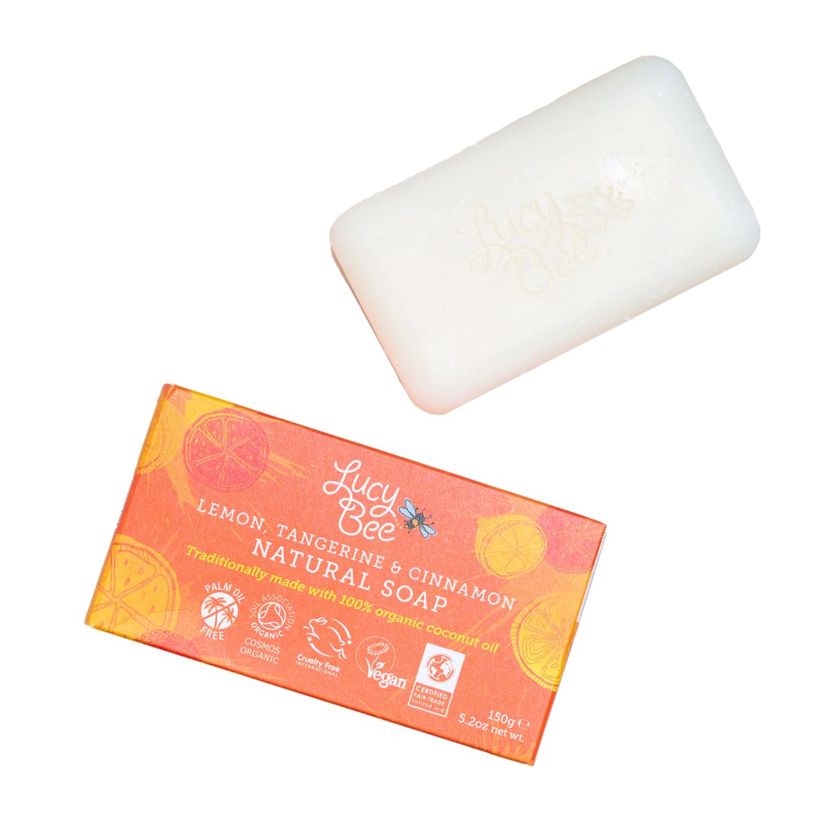 Lucy BeeLemon, Tangerine & Cinnamon Soap Bar 150g, Palm Oil Free, Certified Organic, Fair Trade, Vegan, Cruelty Free, with 100% Natural Ingredients.
