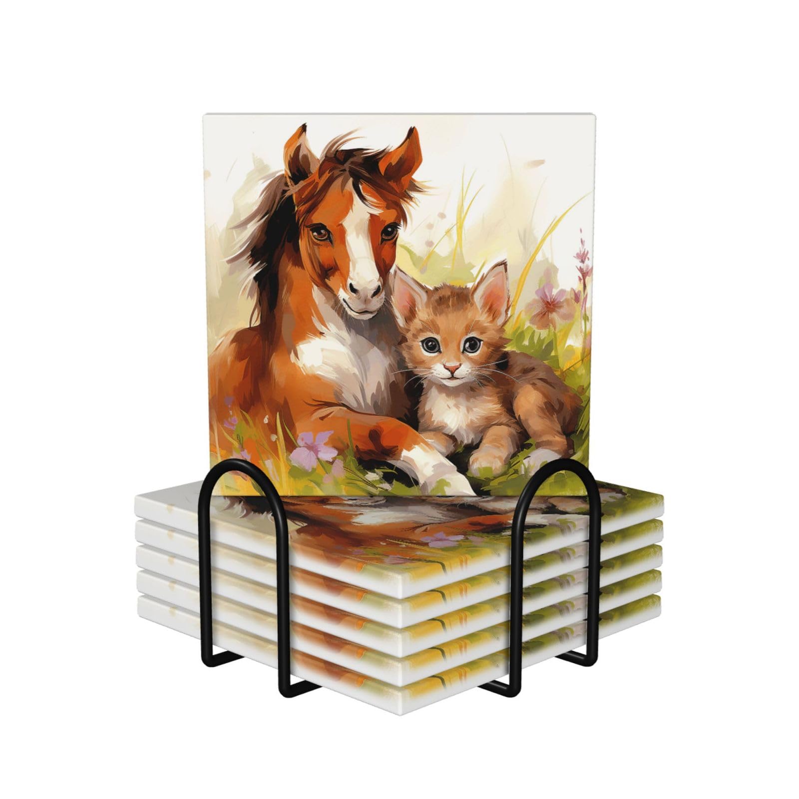 6Pcs Ceramics Coaster for Drinks, Cute Horse and Cat Cup Coasters with Holder, Aesthetic Drink Coasters for Coffee Table, Absorbent Round Coaster for Tabletop Protection 4" Cup Mat Pad