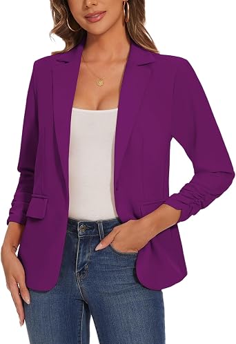 Womens Casual Single Button Front Blazer Ruched 3/4 Sleeve Notched Lapel Office Lightweight Blazers with Pockets