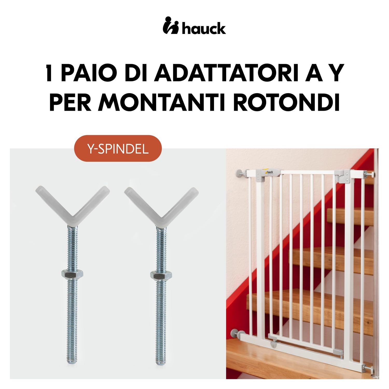 Hauck Y-Spindle Bianco - 2 Adattatori per Scale con Ringhiere a Profili Rotondi 6 cm - Filettatura M10 - Accessorio Compatibile Cancelletto Bambini Cani