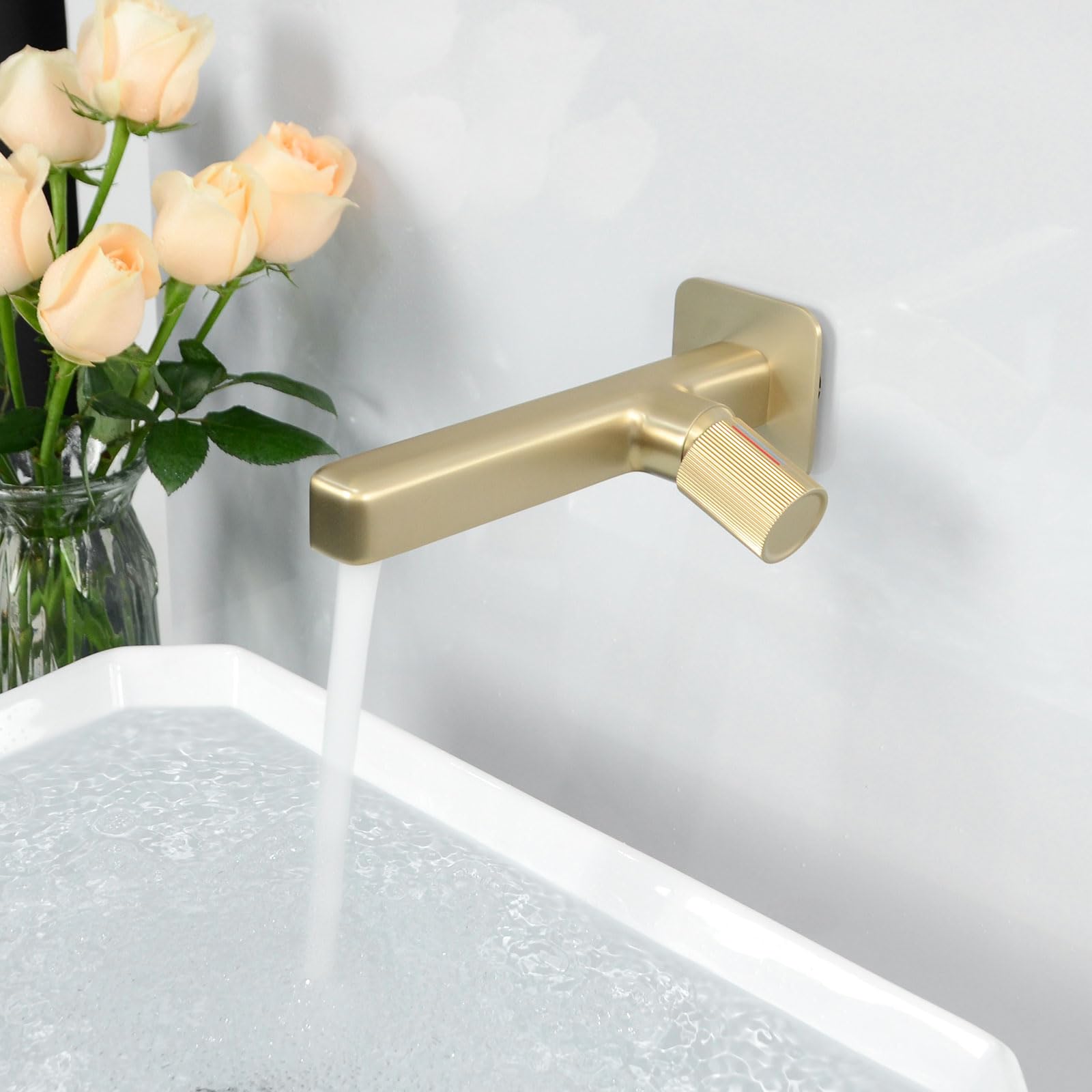 Grifo Lavabo Empotrado, Grifo de Pared Baño, Grifo Monomando Baño, Mezclador Agua Fría y Caliente, Dorado Cepillado, 8M4OK