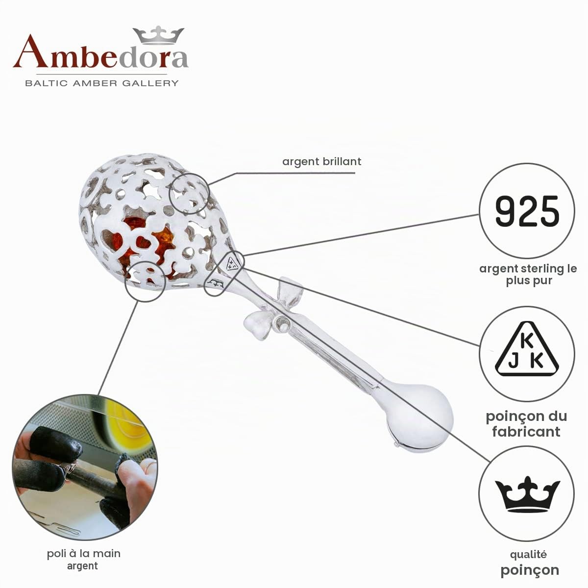 Hochet pour bébé garçon ou fille en argent sterling 925 brillant, hochet de cigogne en argent avec gravure, cadeau d'anniversaire