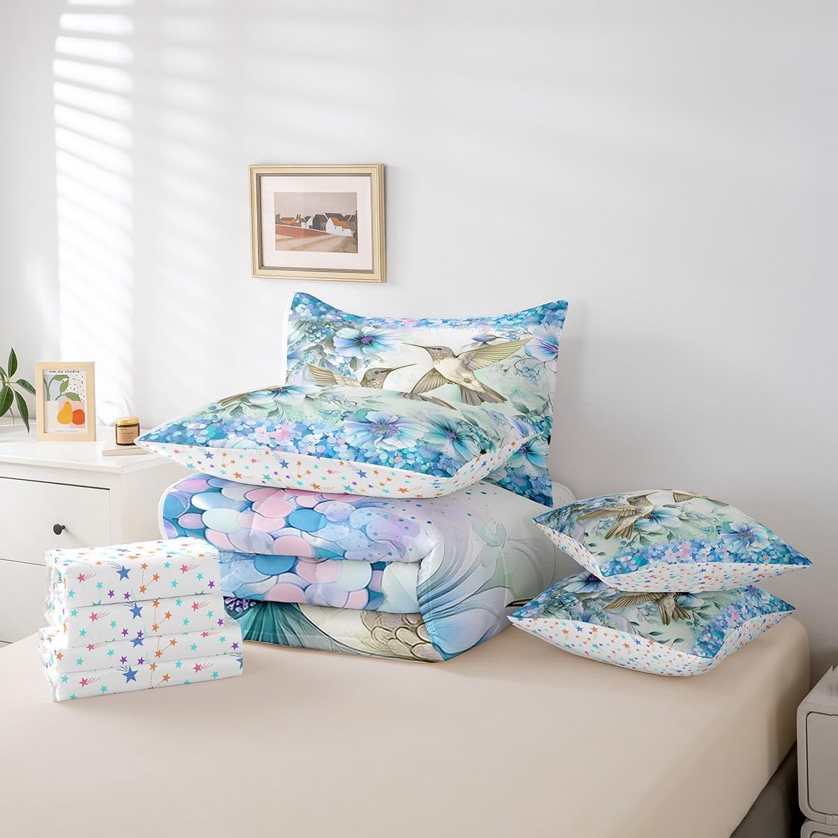 7 Pieces Hummingbird Comforter Set King Size for Room Decor,Soft Reversible Blue Flowers Bed Set with Comforters,Sheets,Pillowcases & Shams,Watercolor Hummingbird Bedding Sets for All Season