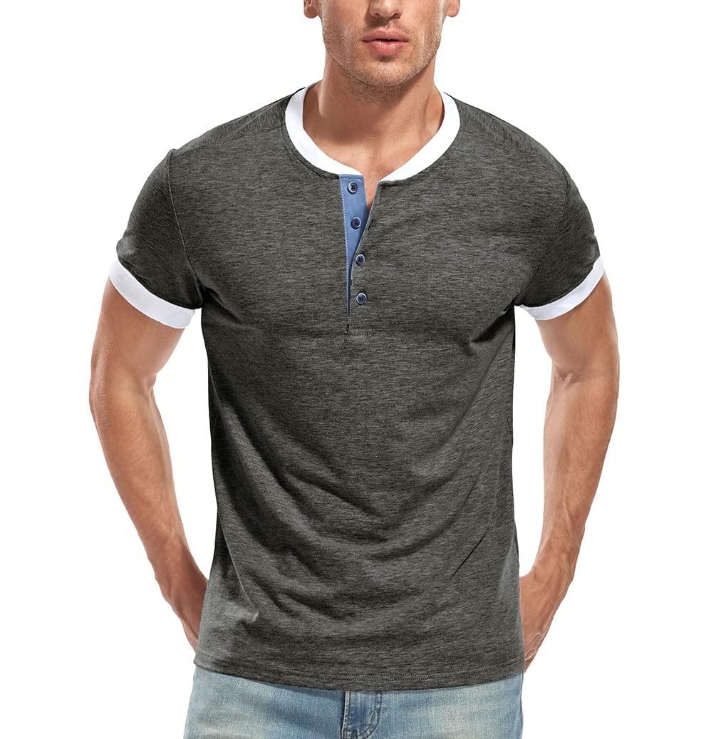 WAZZAP Henley Camisetas de Manga Corta Cuello Redondo Casual Slim Fit con 4 Botones para Hombre
