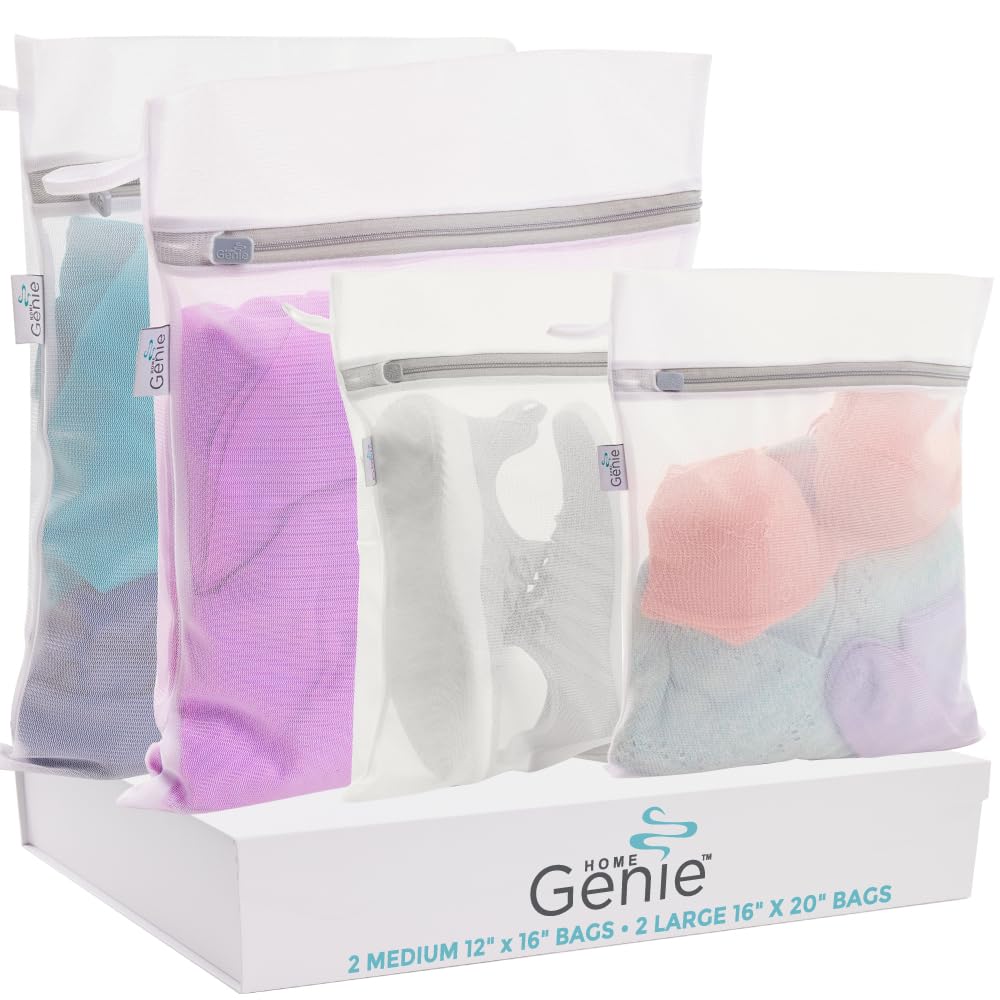 HOME GENIE Durable and Gentle Mesh Laundry Bags for Washing Delicates, Silicone Zipper, Machine Safe for Bras Lingerie Baby Garments, Net Bag for Tangle Free Wash Dry, Travel, 4 Pk Medium and Large