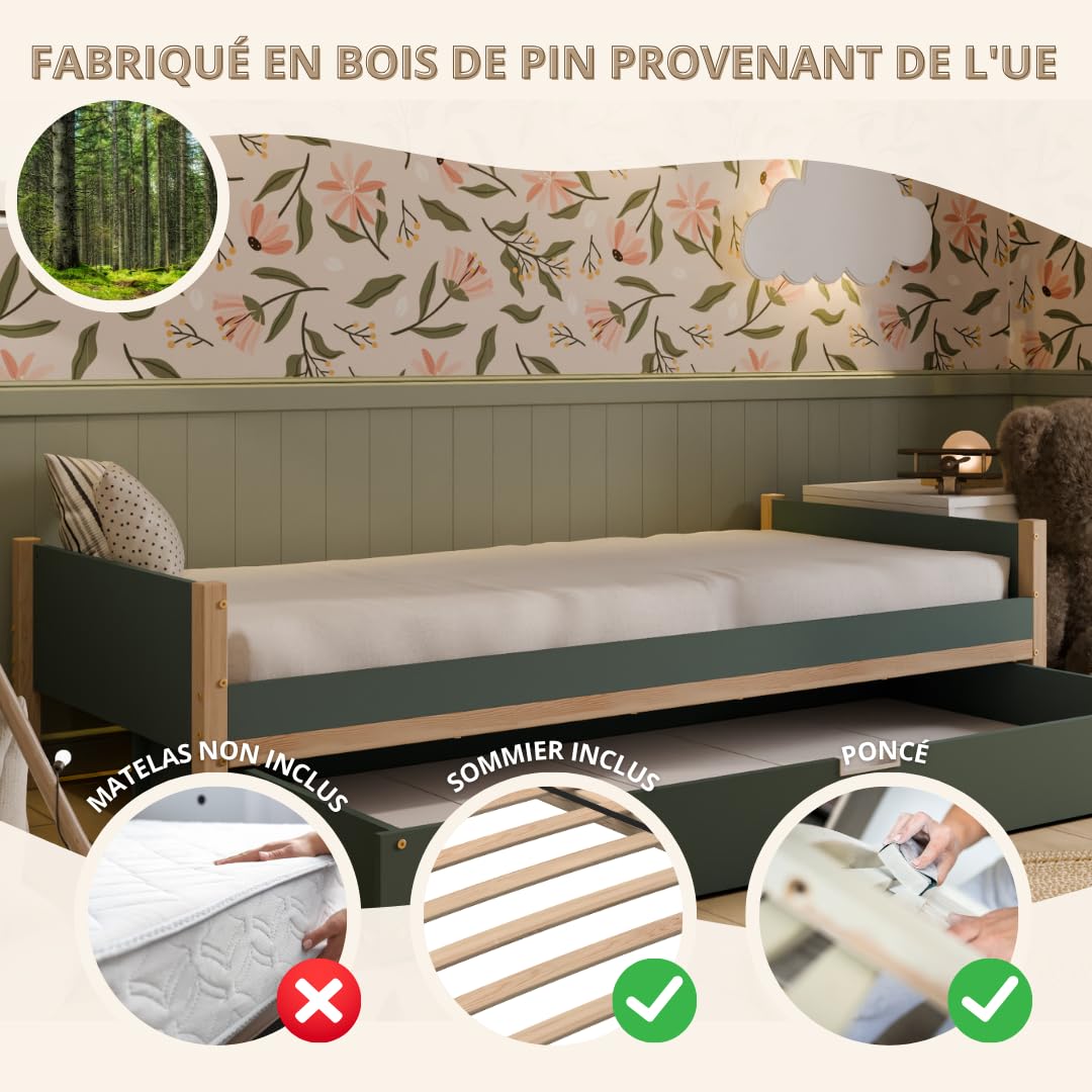 Lit Enfant 90x190 cm – Lit Classique en Bois Composite (LHDF), Vert Forêt, Pieds en Pin Massif, Tête/Pied de Lit, avec Tiroir de Rangement– Montage Facile – Crazy Axel