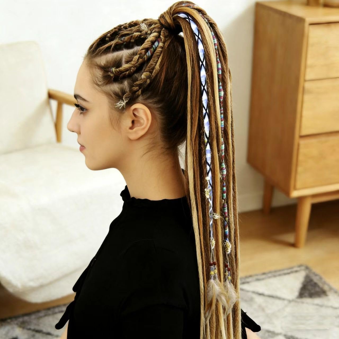 3Pcs Clip in Dreadlock Extensions Boho Hair Accessory - Feather & Beads Pendant Dread Wrap, Handmade Colorful Hippie Hair Accessories for Dreads, Braids & Curls - Image 2