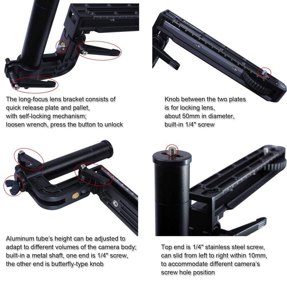 iShoot Support de téléobjectif pliable, support d'objectif focale longue tout en métal, Support de Appareils Photo Caméra avec plaque de dégagement rapide de 20cm pour rotule de trépied Arca-Swiss Fit