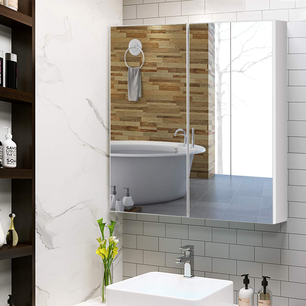 COSTWAY Armoire Murale Salle de Bain avec 2 Miroirs, Placard de Rangement Murale avec 2 Portes, 11 x 62 x 65 cm, Blanc