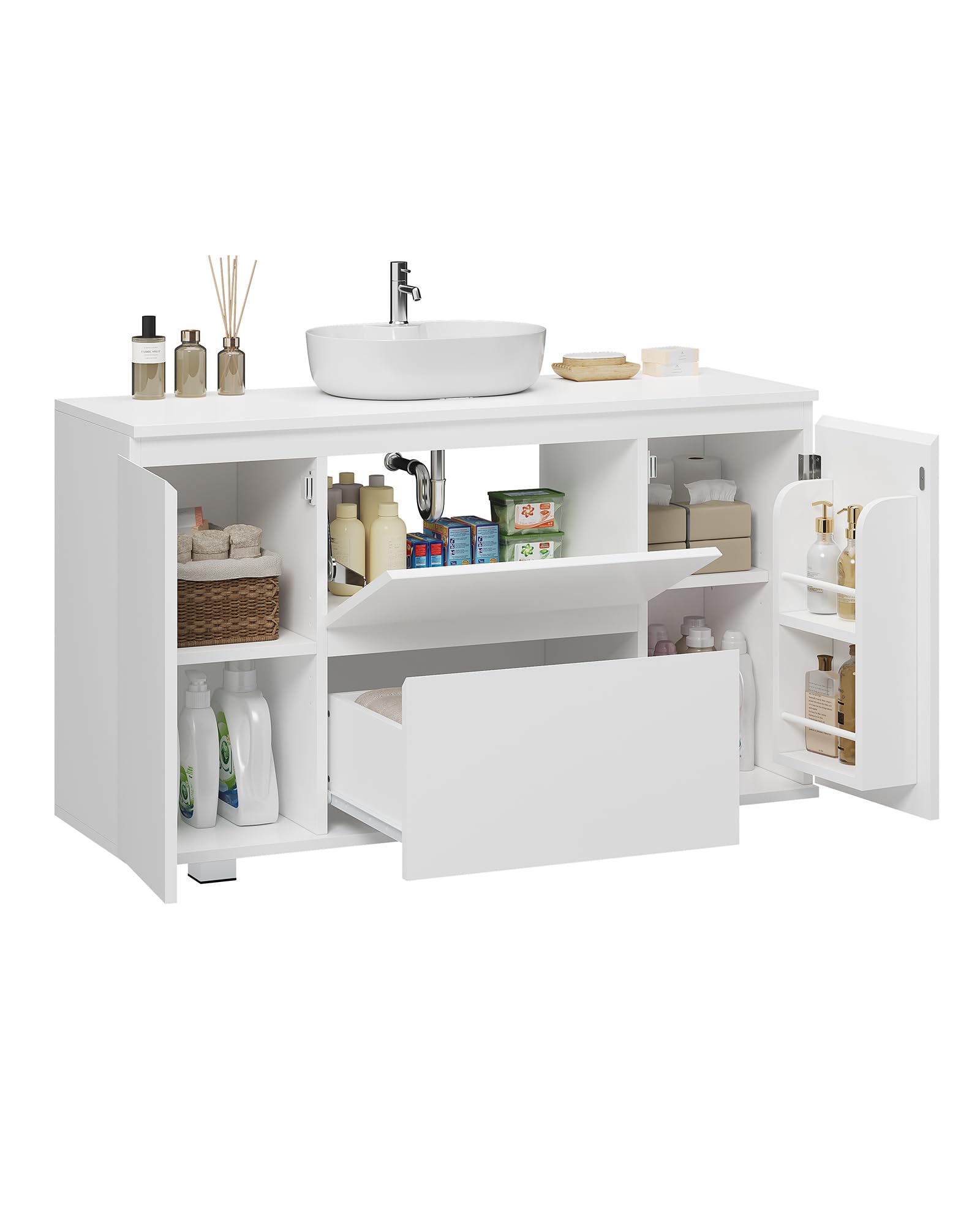 KIMENICH Waschbeckenunterschrank, Badezimmerschrank mit Schubladen, Türfächer, Verstellbare Ablagen, Unterschrank Waschbecken mit Füßen, Viel Stauraum, 90 x 30 x 60 cm, Weiß