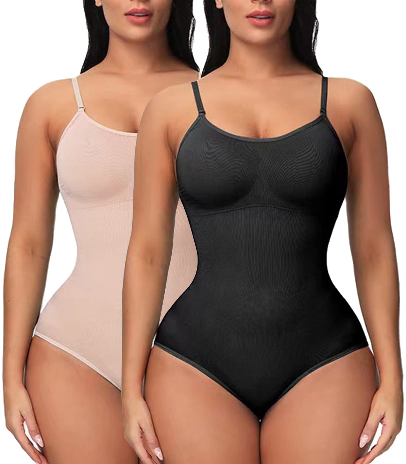 CheChuryBodysuit for Women Shapewear Adjustable Shoulder Strap Body Shaper Tummy Control Jumpsuit Scoop Neck Slim Seamless Shapewear