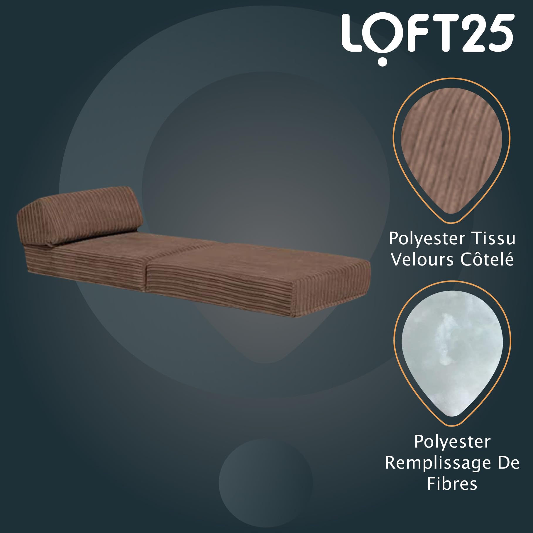 Loft 25 Futon Pliable Jumbo Cord Single Z-Bed Matelas Sofa | Sleepover Guest Salon | Soft et Confortable Chaise | léger et Durable | Qualité Cordon Tissu Meuble (Moka)