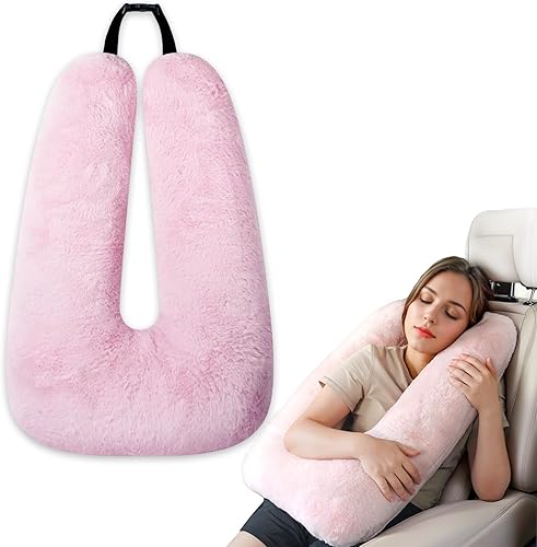 Almohada de cuello de viaje de algodón suave rosa, soporte ergonómico para asientos de automóvil para niños y adultos, almohada compacta acogedora