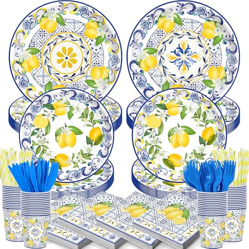 140PCS Capri Lemon Party Decorations Amalfi Coast Party Mediterranean Theme Tableware Set Plates Napkins Cups Tableware Capri Lemon Summer Wedding Party Decorations Serves 20 Guests