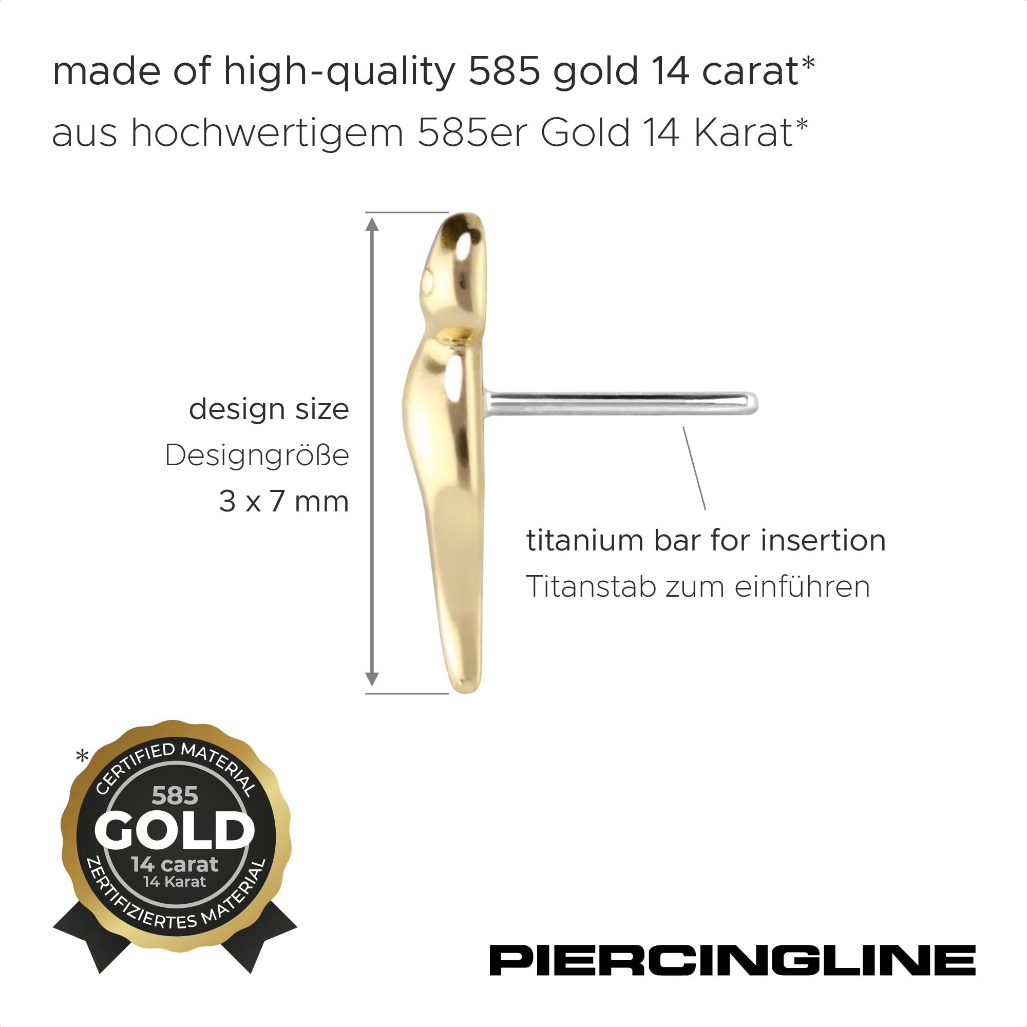 PIERCINGLINE 14 Karat Gold Piercing Aufsatz mit Titan Push Pin OHNE Labret Stecker DINOSAURIER