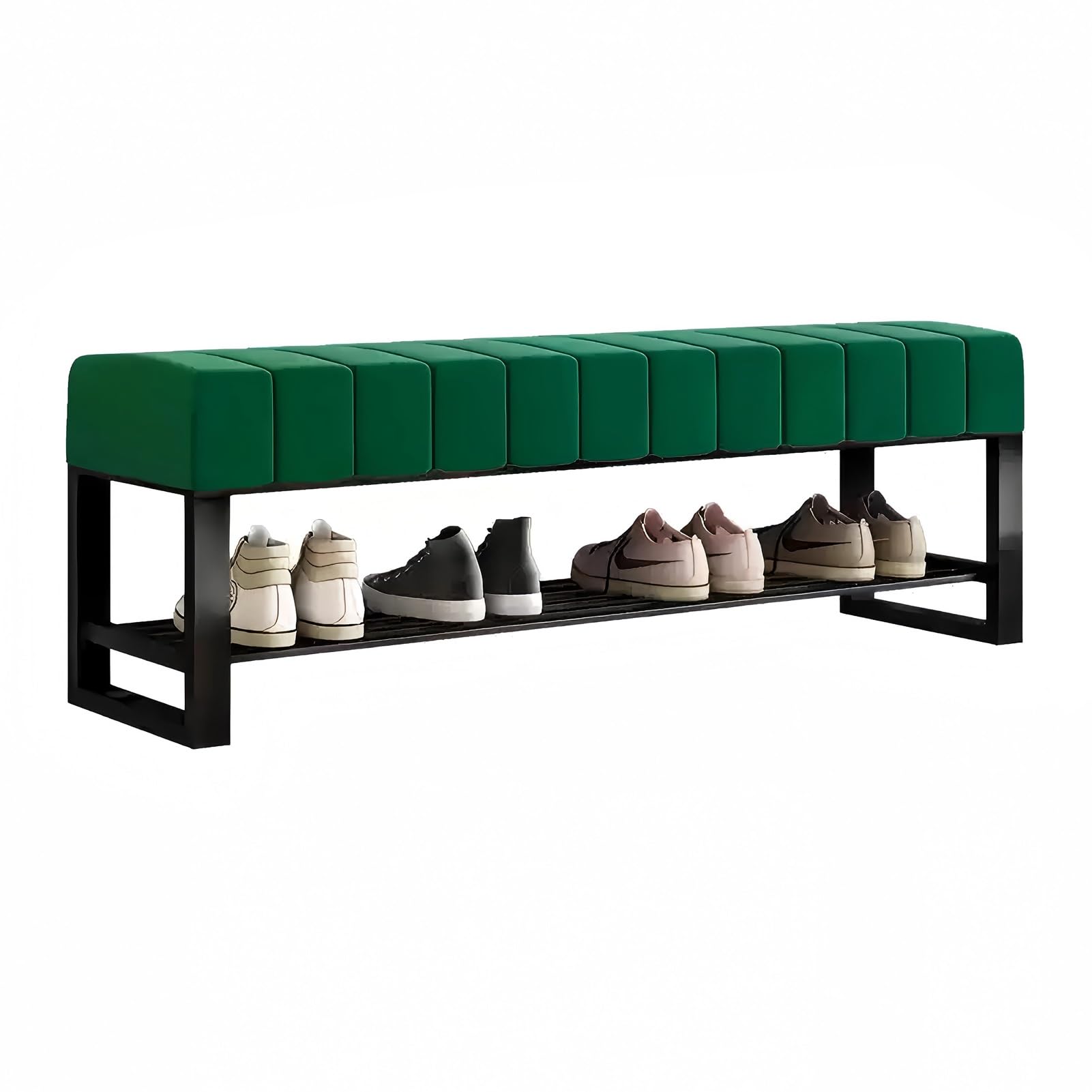 Banc à chaussures en velours vert de 100 cm avec son étagère à deux niveaux pour une entrée chic