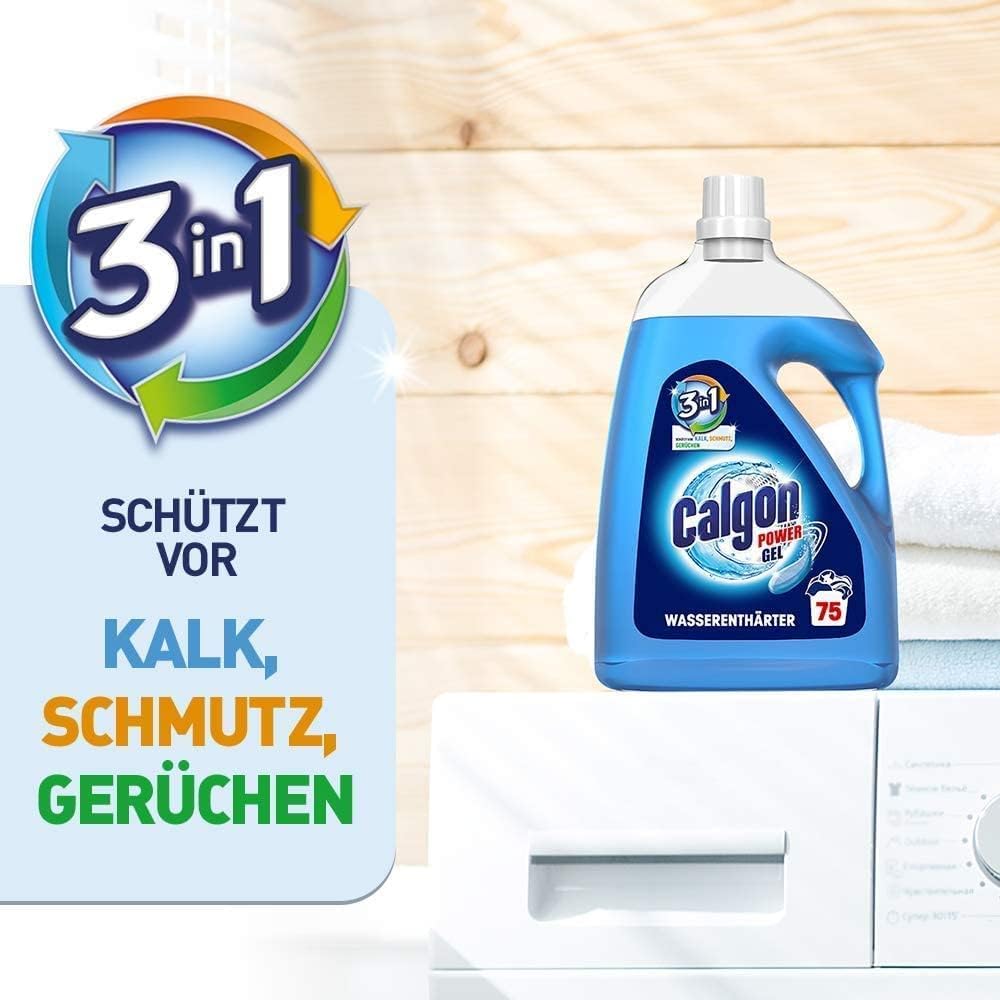Calgon 3-in-1 Power Gel – Waschmachinen-Entkalker gegen Geruch, Kalk und Schmutz – Schützender Wasserenthärter für die Waschmaschine – 4 x 3,75L