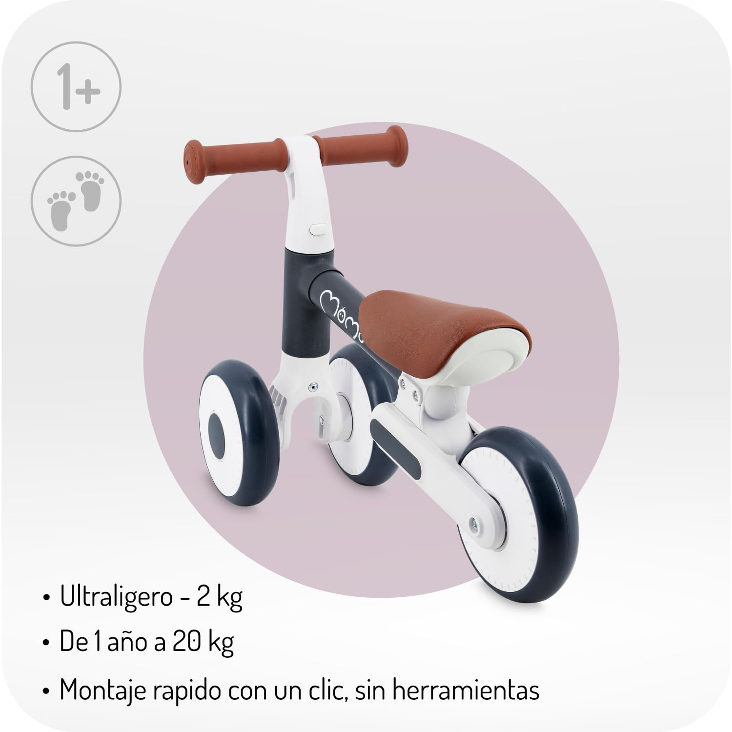 Momi Bicicleta sin Pedales Dex para niñas y niños de 1 a 3 años, Cuadro Plegable, sillín Regulable en Altura, Ruedas de plástico Resistentes a pinchazos, Peso Solo 2 kg