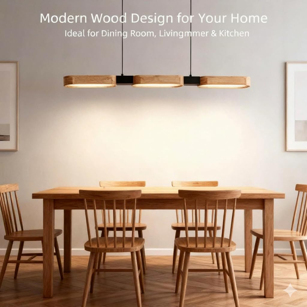 Lámpara de cocina moderna de madera, 90 cm, lámpara LED para comedor e isla cocina, regulable 3000K-6500K con mando a distancia y función de memoria
