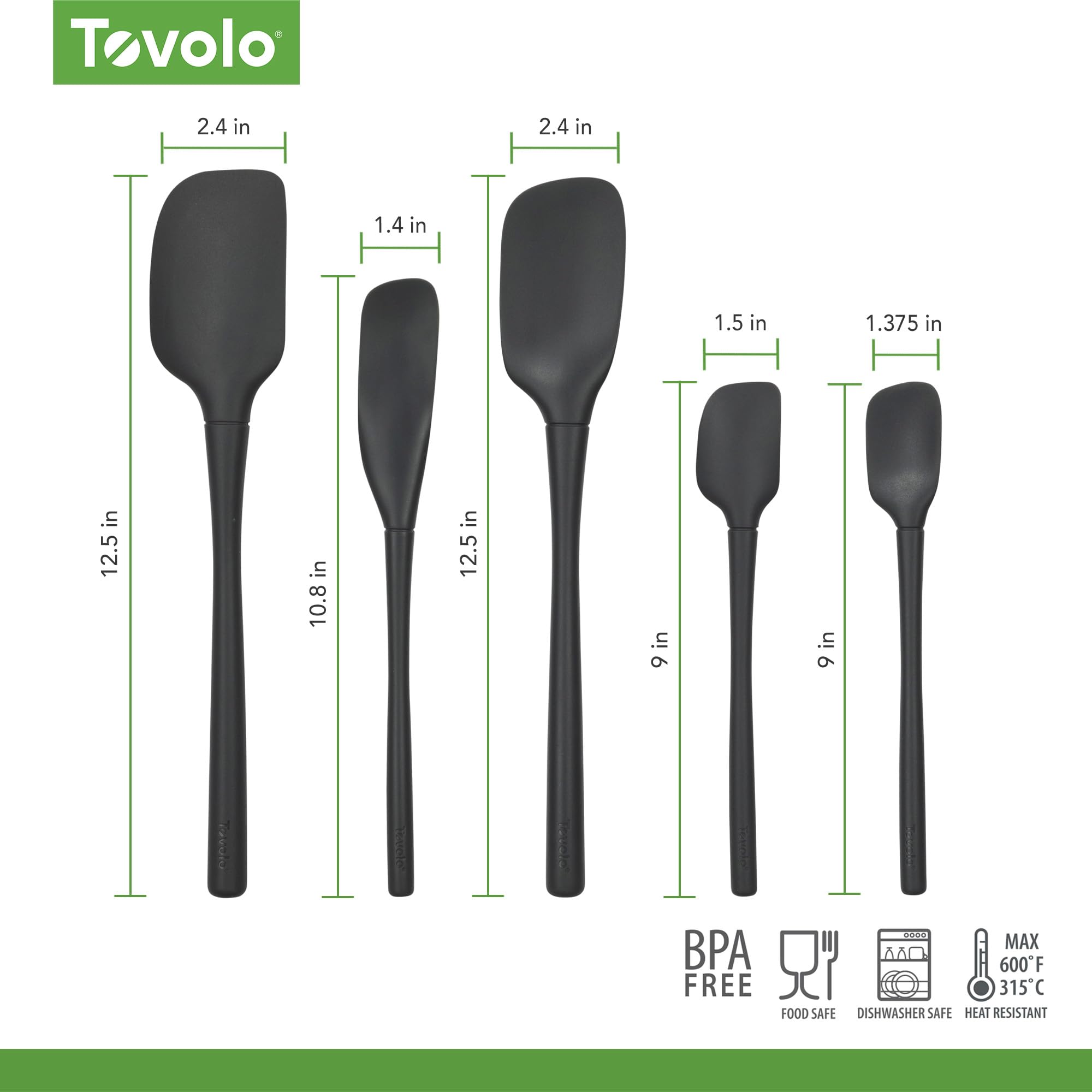 Tovolo Flex Core 5-teiliges Silikon-Spatel-Set, hitzebeständig, alle Silikon-Utensilien enthalten Antihaft-Pfannenwender, Löffel, Glasschaber, spülmaschinenfest, BPA-frei, Spatel zum Backen, Mischen