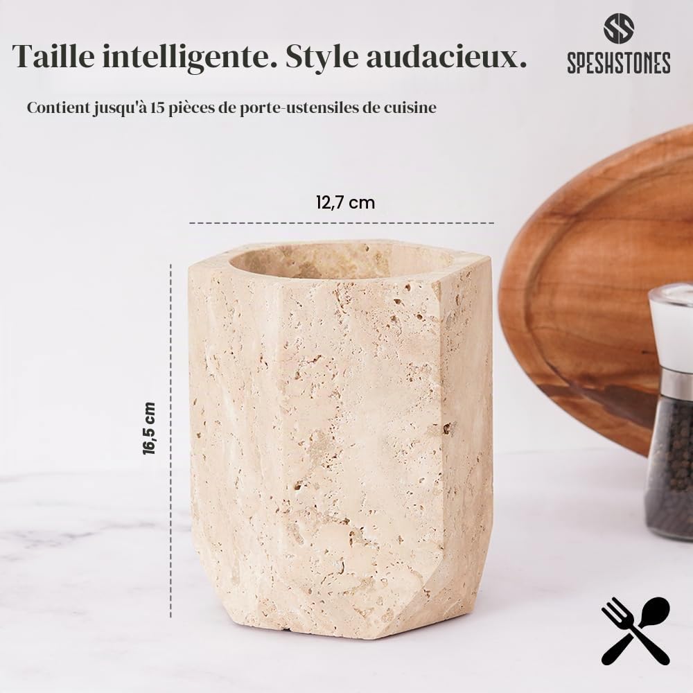 SPESHSTONES Porte-ustensiles en marbre de 16,5 cm, ensemble d'ustensiles de cuisine en pierre, pot en grès pour le rangement sur le plan de travail, porte-ustensiles moderne en travertin