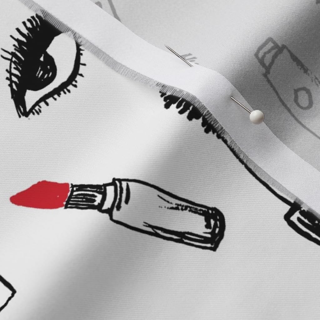 Spoonflower Fabric - Makeup Lipstick Eyelashes Beauty Valentines Day White Pink Kiss Lips Printed on Organic Cotton Sateen Fabric by The Yard - Sewing Quilting Apparel Home Decor